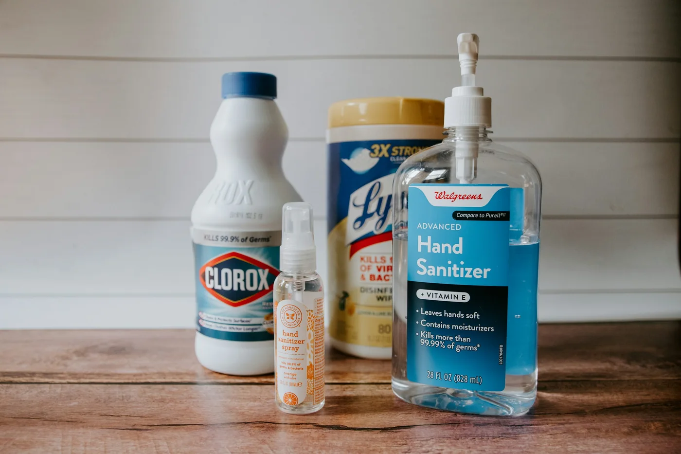 Illustrative hand sanitizer and cleaning supplies